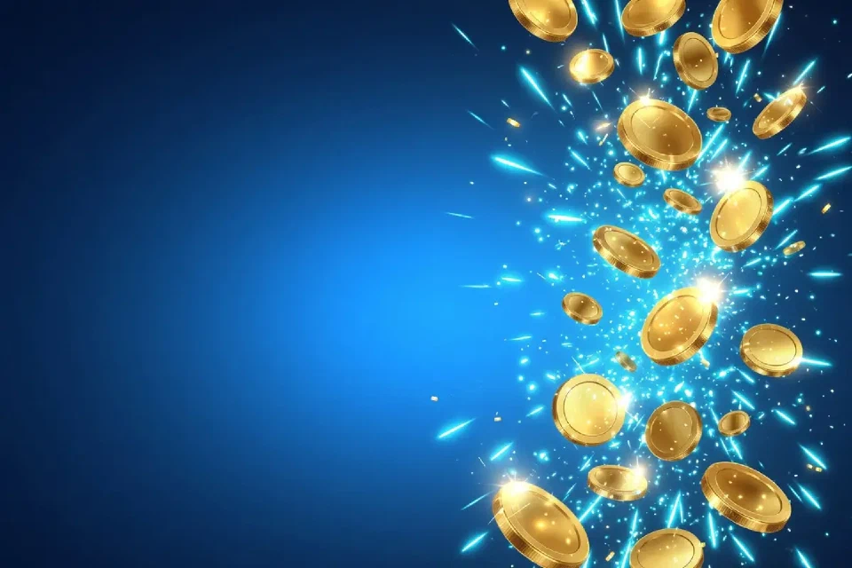 Monedas doradas cayendo con destellos de neón