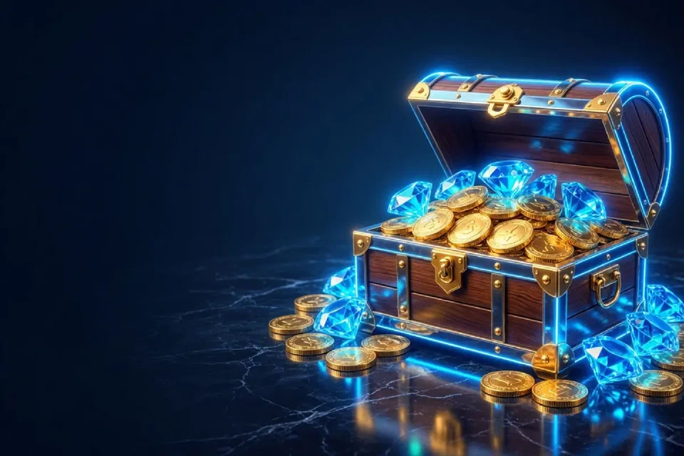 Cofre abierto lleno de monedas doradas y gemas