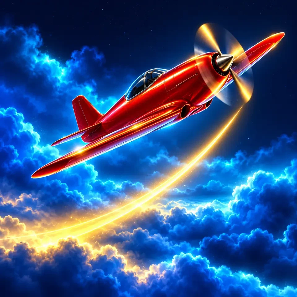 Avión rojo ascendiendo sobre una curva luminosa de multiplicador