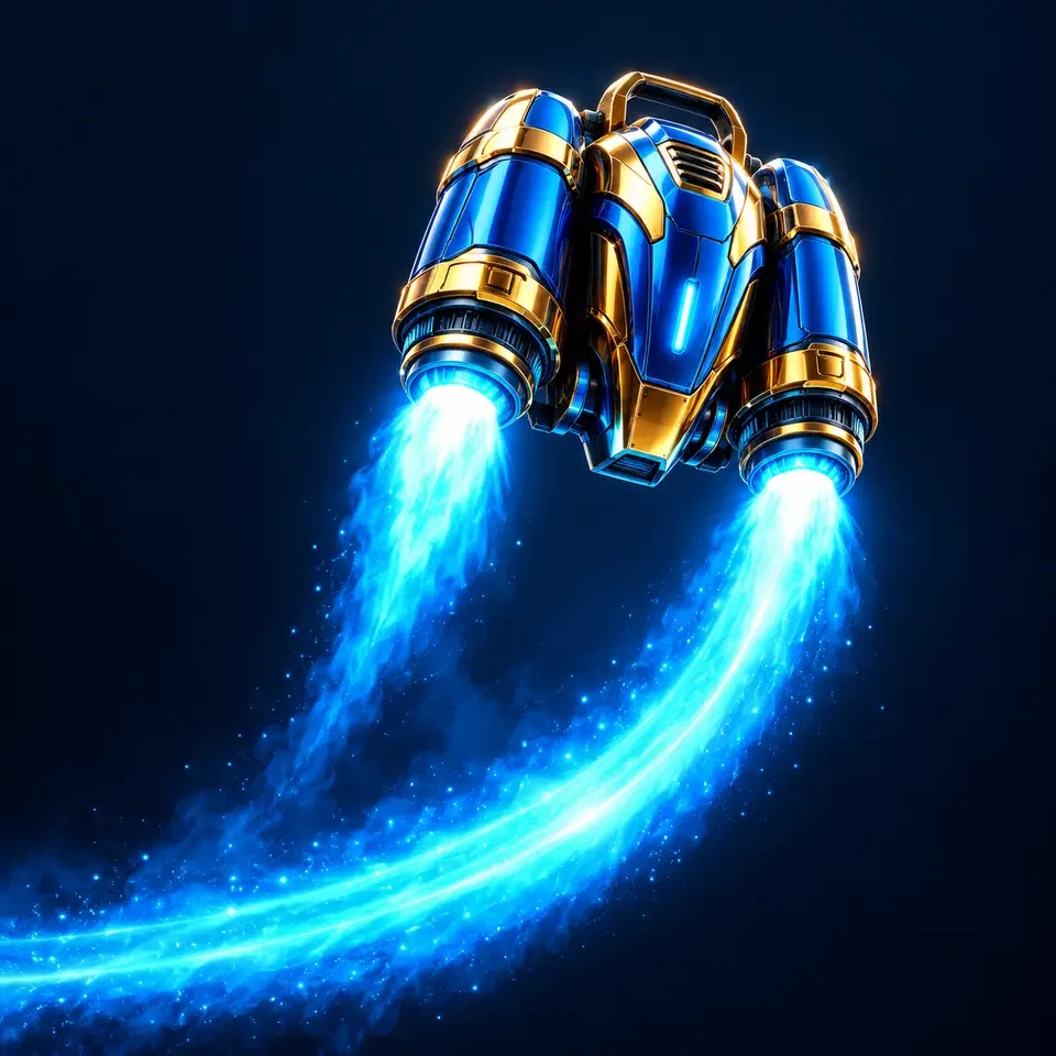 Jetpack metálico con llamas cian y una estela ascendente