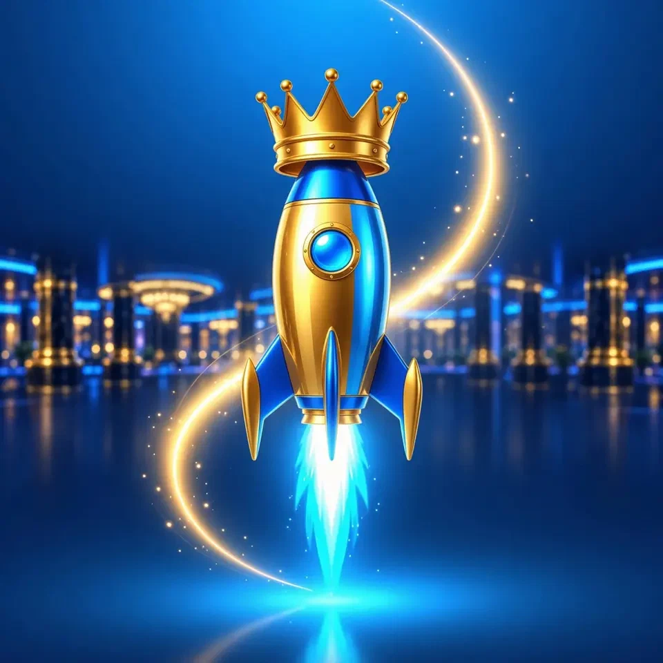 Cohete dorado y azul con una corona despegando