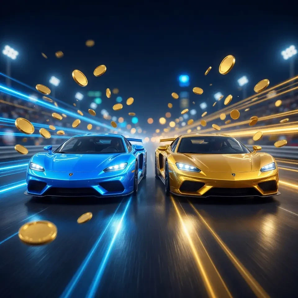 Dos coches de neón corriendo en una pista nocturna