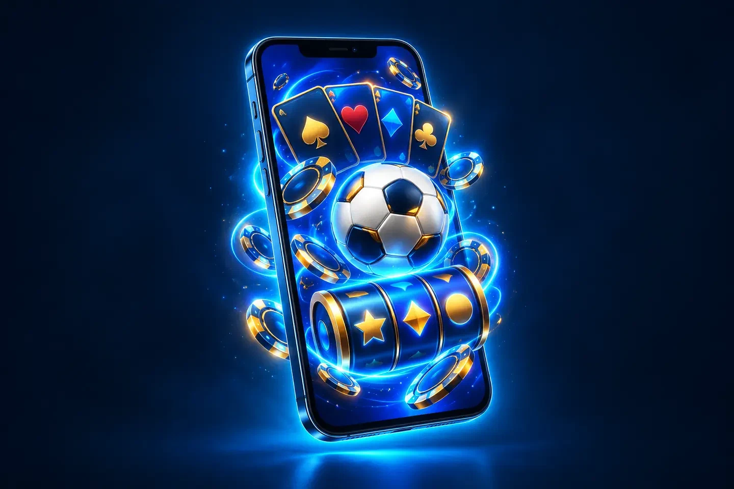 Smartphone flotando con iconos de cartas, fichas y balón de fútbol sobre un halo de neón azul