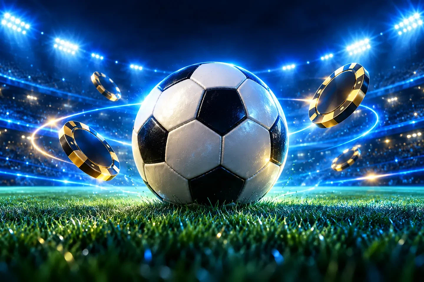 Balón de fútbol sobre césped iluminado por reflectores de estadio en tonos azules