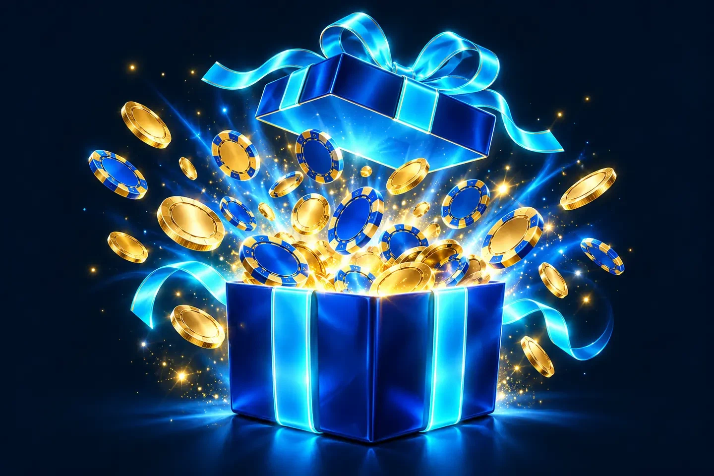 Caja de regalo abierta de la que salen fichas doradas y azules con destellos de neón