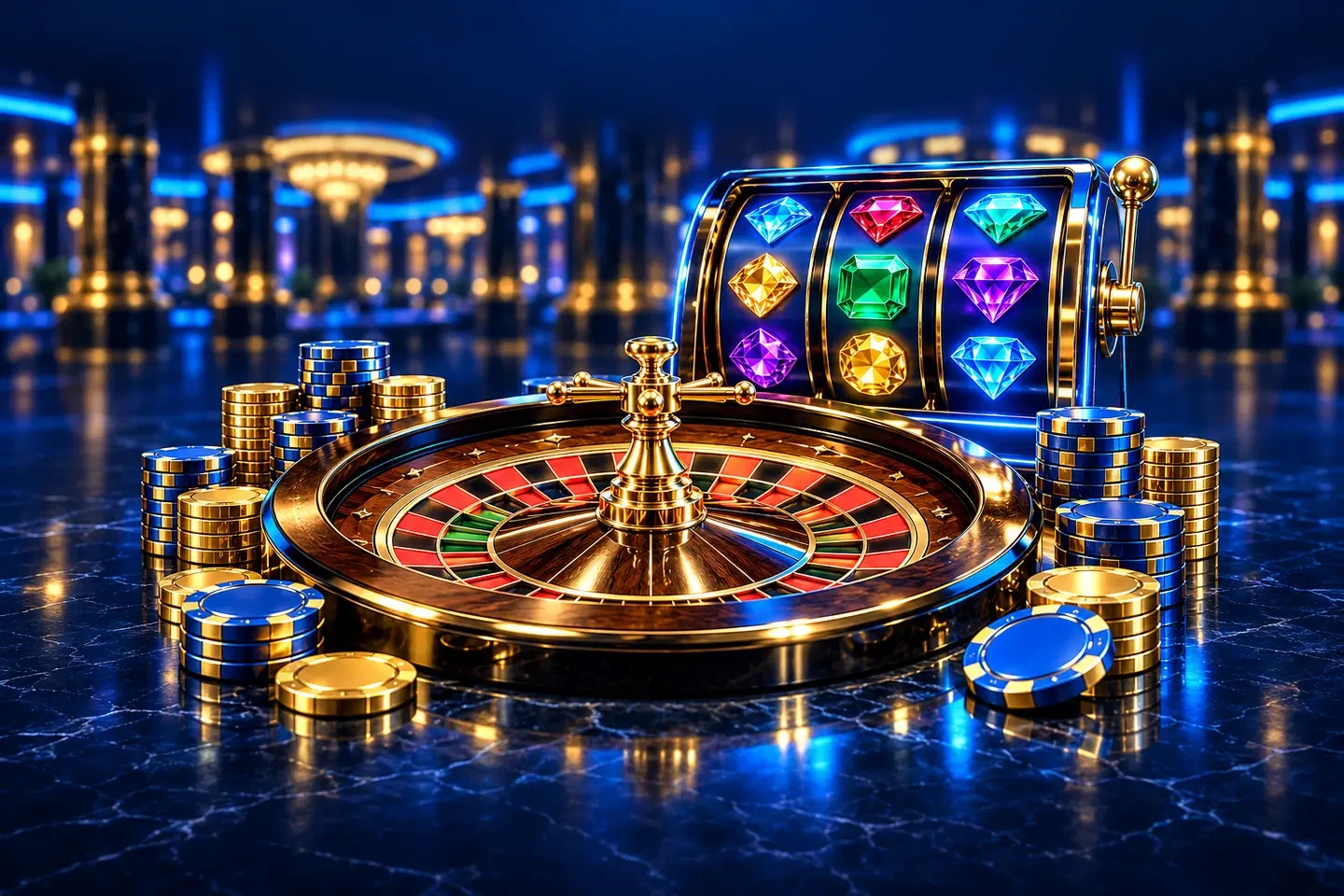 Ruleta iluminada, rodillos de tragamonedas con gemas y pilas de fichas azules y doradas