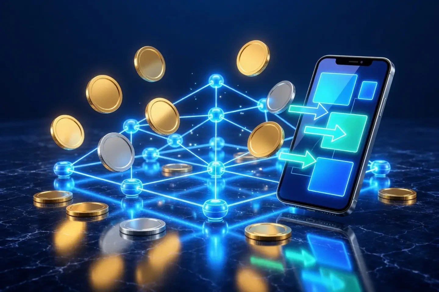 Monedas digitales doradas y plateadas sobre una red de bloques luminosos y un teléfono con billetera
