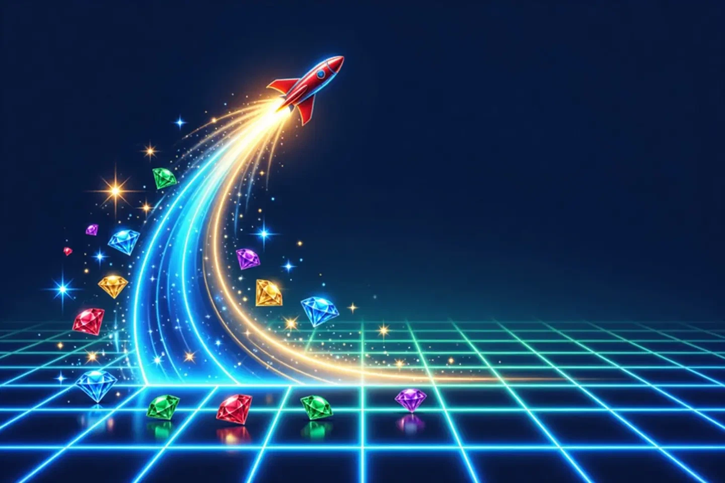 Curva luminosa de multiplicador que sube como un cohete sobre una cuadrícula de neón