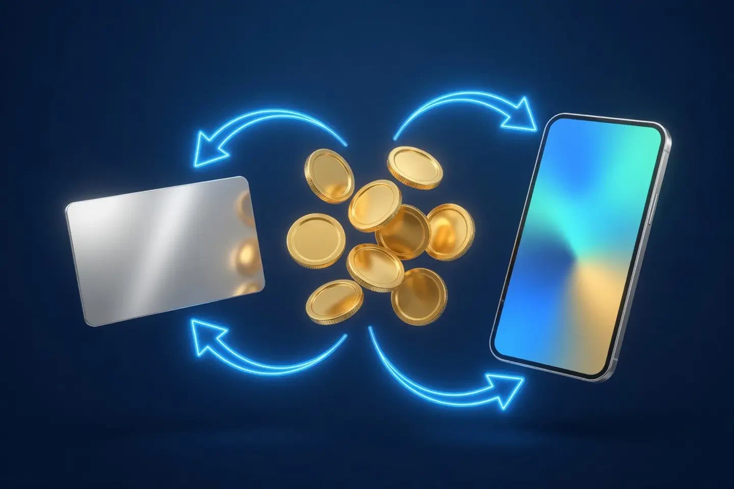 Tarjeta bancaria sin marcas, monedas doradas y un teléfono con billetera digital en neón azul
